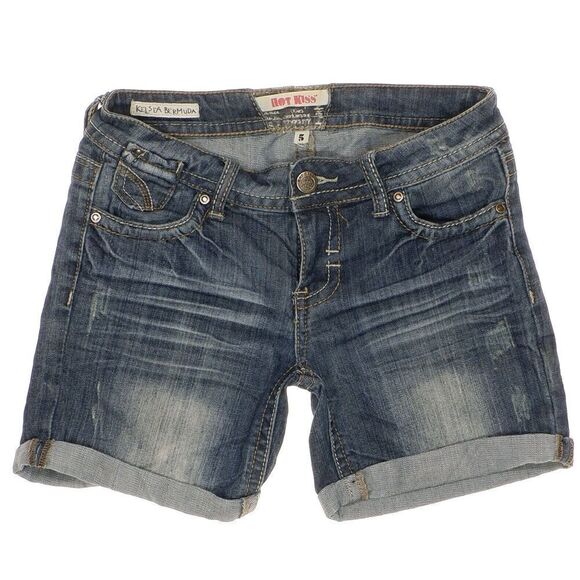 Hot Kiss Kelsea Bermuda Shorts Size 5 W28 Juniors Roll Cuff Distress Blue Denim - Picture 1 of 8